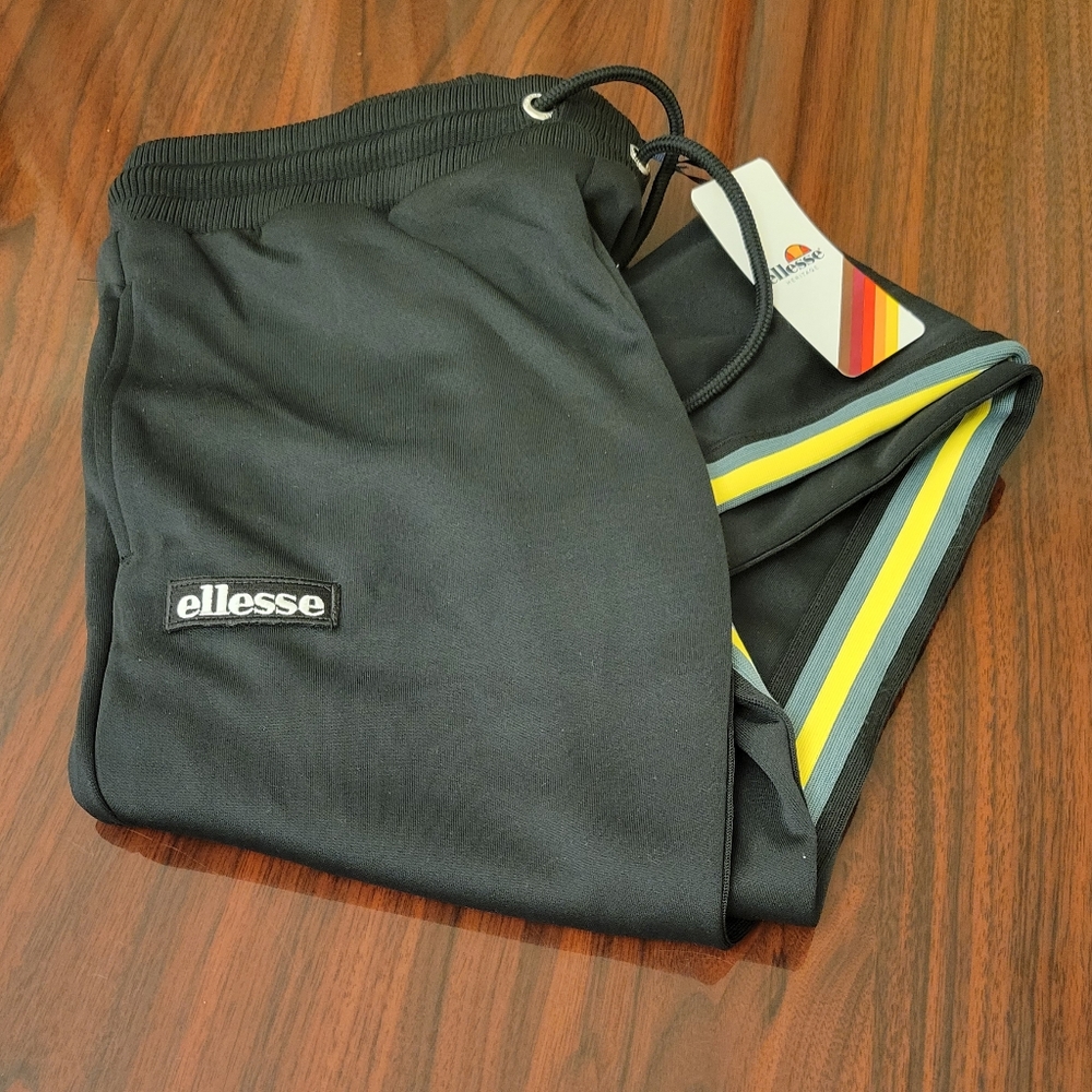Ellesse Black Track Pants with Yellow & Gray Stripe